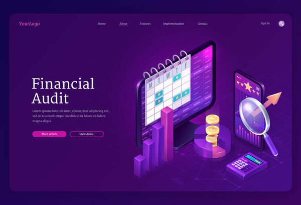 Financial audit isometric landing page, tax report