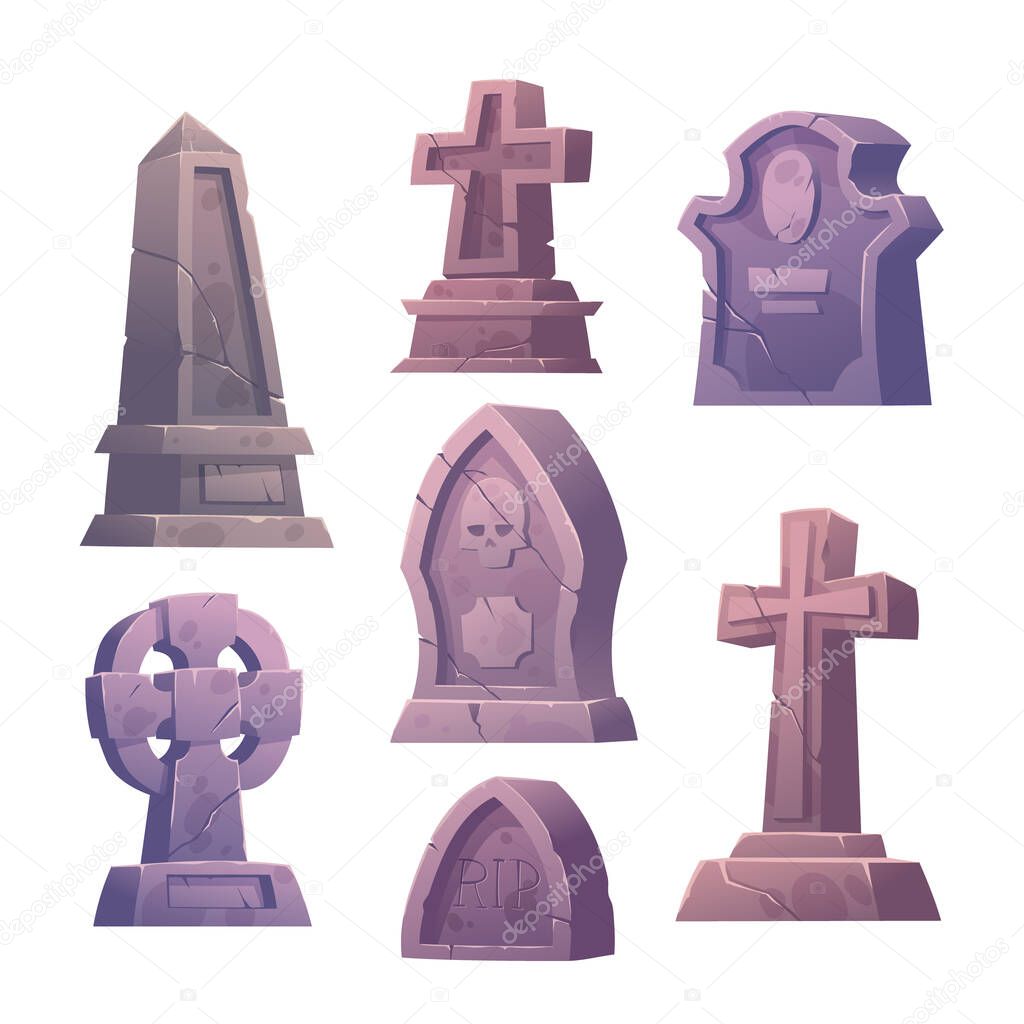 Cemetery tombstones, graveyard buildings icons set