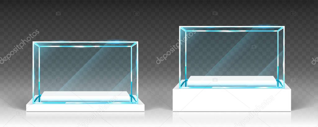 Glass showcase, display, exhibit transparent boxes