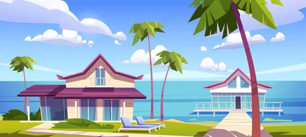 Modern bungalows on island resort beach, seaside — Stock Vector