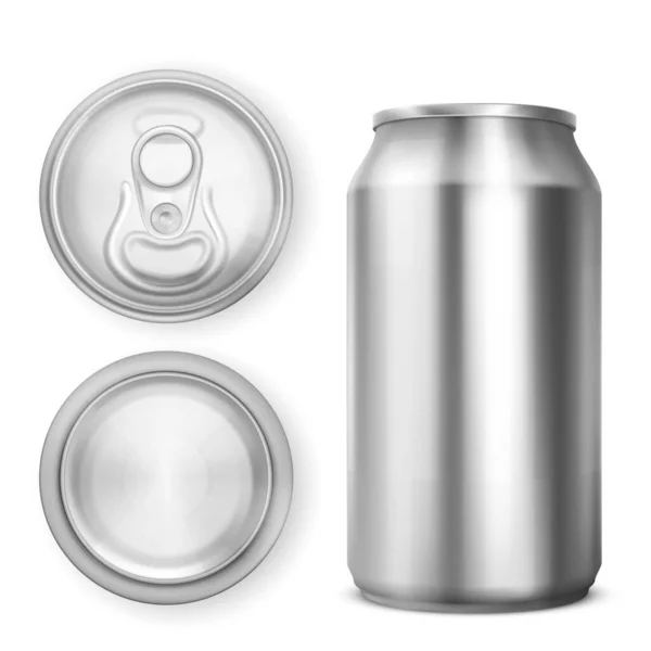 Lata de aluminio para refrescos o cerveza en diferentes vistas — Vector de stock