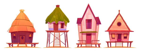 Letní domky na chůdách, bungalovy na mořské pláži — Stockový vektor