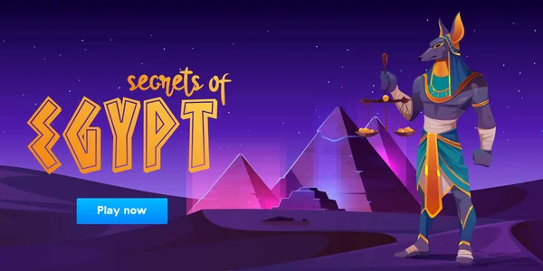 Game banner about Egypt with Anubis and pyramids — Stock Vector