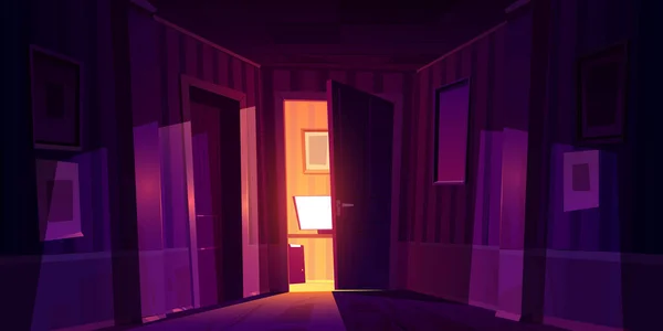 Couloir maison de nuit avec porte ouverte à la chambre avec PC — Image vectorielle