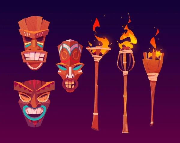 Tiki masks and burning torches, tribal wood totems