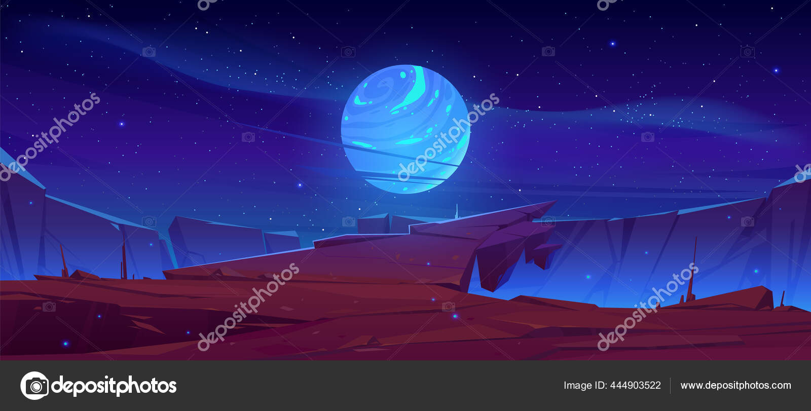 Superficie del planeta alienígena, vista de fondo del paisaje Vector de  stock #444903522 de ©klyaksun, image size:1600x811