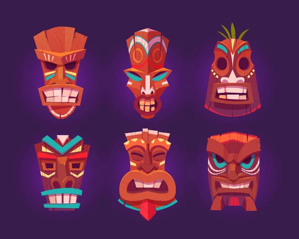 Máscaras Tiki, tótem tribal hawaiano de madera — Vector de stock