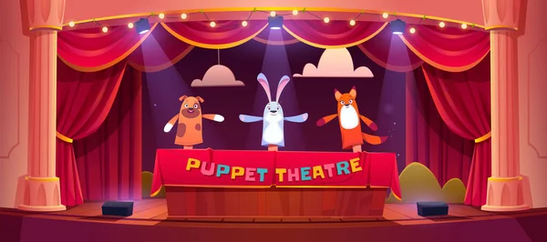 Puppet show on theater stage with animal dolls — Stock Vector