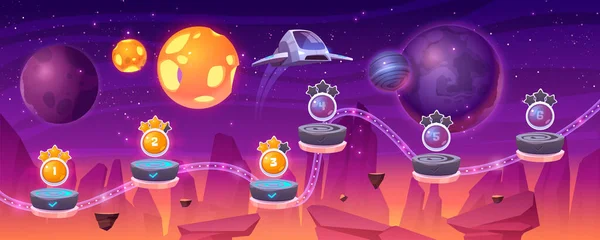 Space játék szintű térkép űrhajó és idegen bolygók — Stock Vector