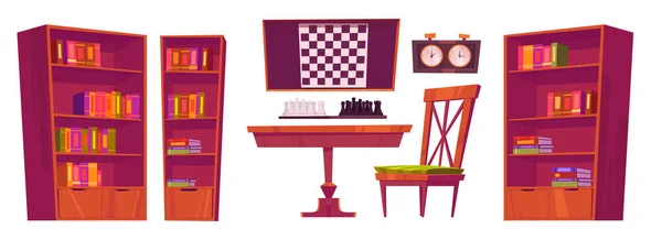 Mobiliário de clube de xadrez com placa, peças e relógio —  Vetores de Stock