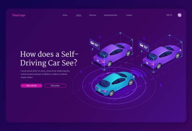 Self driving car isometric landing page, vehicle clipart