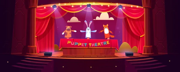Teatro delle marionette sul palco, bambole divertenti eseguire spettacolo — Vettoriale Stock
