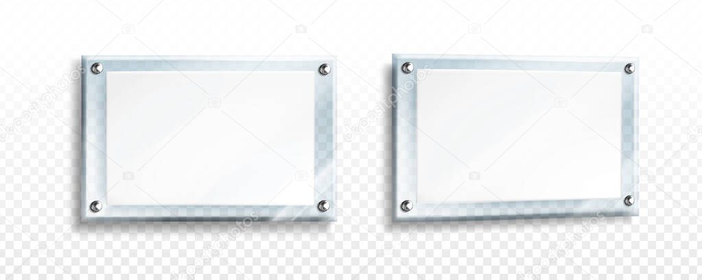 Download White Poster In Glass Or Acrylic Frame With Steel Bolts In Front And Perspective View Vector Realistic Mockup Of 3d Plexiglass Clear Board With Blank Sheet Isolated On Transparent Background Premium