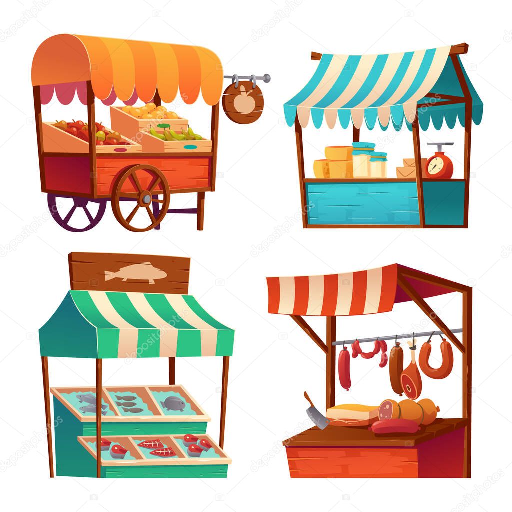 Market stalls, fair booths wood kiosks with awning