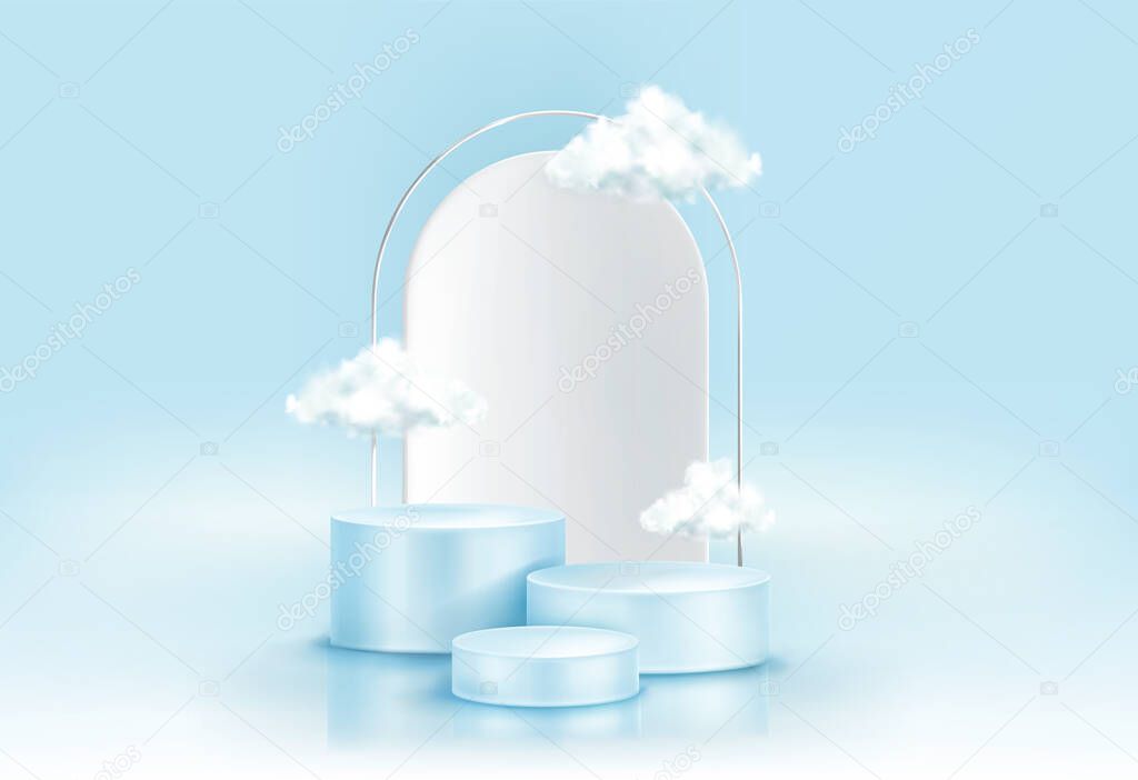 Podium with clouds, abstract background, pedestal