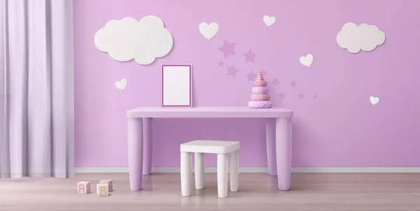 ピンクのテーブル、椅子、白いポスター付きの子供部屋 — ストックベクタ