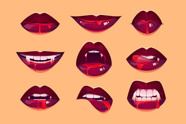 Vampire mouth with fangs set, female red lips — Stock Vector