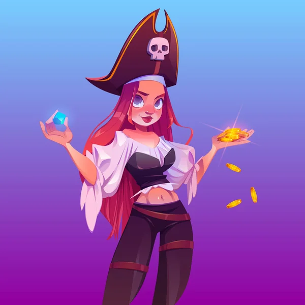 Дівчина-пірат зі скарбами, капітан-жінка — стоковий вектор