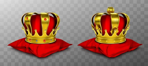 Золота королівська корона для короля і королеви на червоній подушці — стоковий вектор