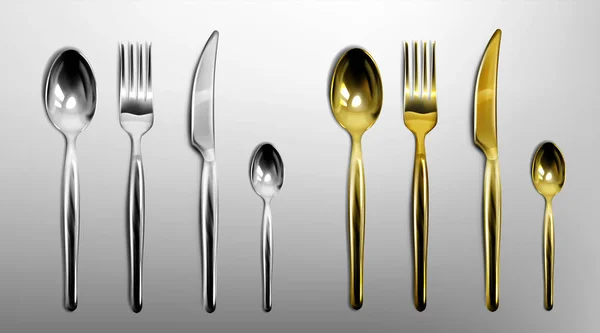 3d cutlery golden and silver fork, knife and spoon — Stock Vector