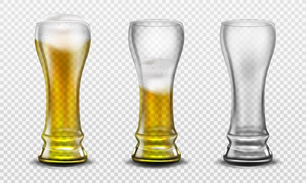 Un vaso alto lleno de cerveza, medio lleno y vacío — Vector de stock