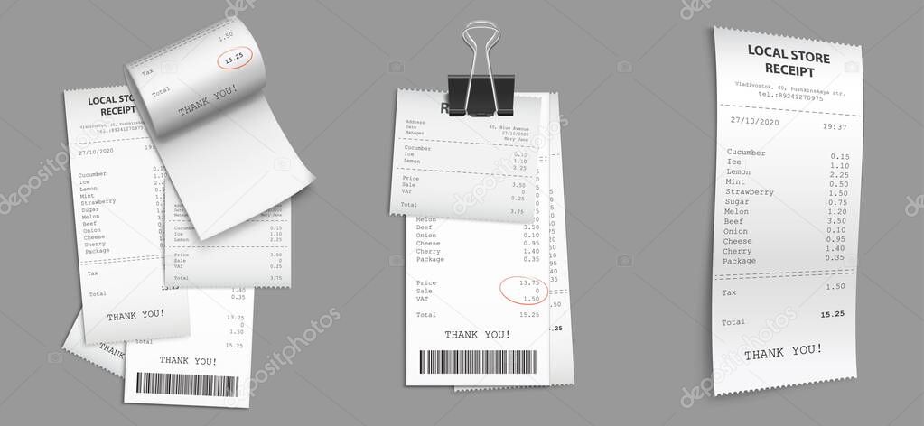 Set of hop receipt, paper cash checks with clip