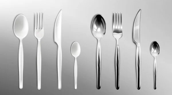 Vector realistic white plastic and steel cutlery — Stock Vector