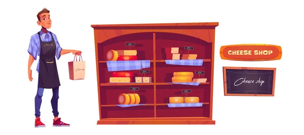 Vendedor, queso en estantes y letrero de tienda — Vector de stock