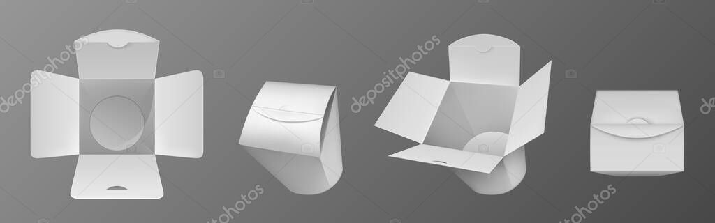 Download Empty White Wok Box Paper Packaging For Chinese Food Noodle Or Rice With Chicken Vector Realistic Mockup Of Closed And Open Takeaway Boxes In Front And Top View Isolated On Background
