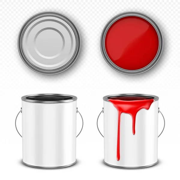 Kbelík s červenou barvou, plechovka s kapkami barvy — Stockový vektor
