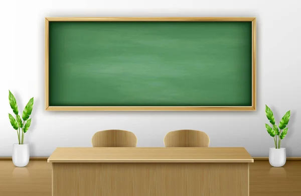 Klassenzimmer mit grüner Tafel an Wand und Tisch — Stockvektor