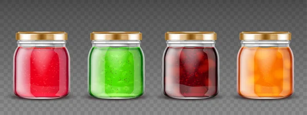 Jam jars, glass containers with fruit jelly set — Stock Vector
