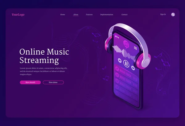 Online zenei streaming szolgáltatás izometrikus leszállás — Stock Vector