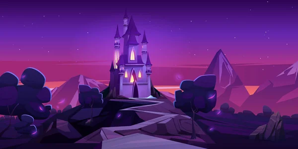 Castillo de cuento de hadas en las montañas por la noche — Vector de stock