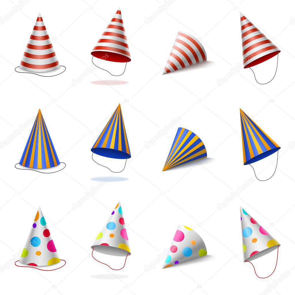 Party hats, birthday caps with stripes, polka dots