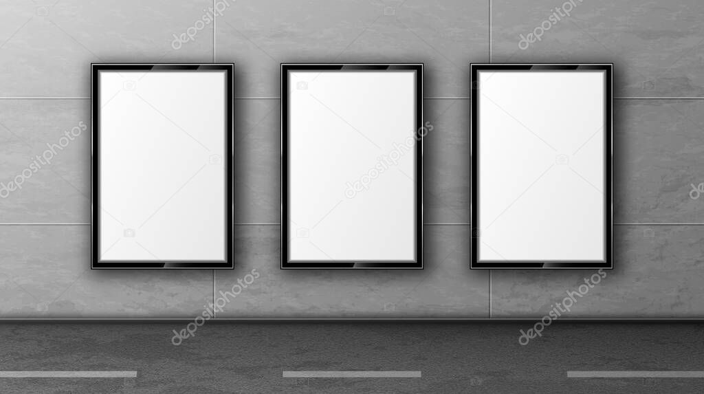 Blank street billboards in black frames on wall