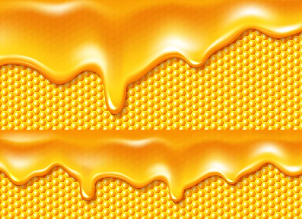 Honung droppar på bi honeycombs bakgrund 3d — Stock vektor