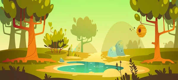 Мультфильм лесной фон с прудом, болотом, тропой — стоковый вектор