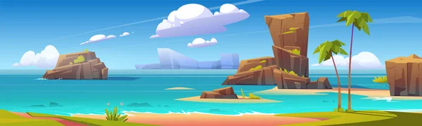 Playa de mar, árboles e islas rocosas en el agua — Vector de stock