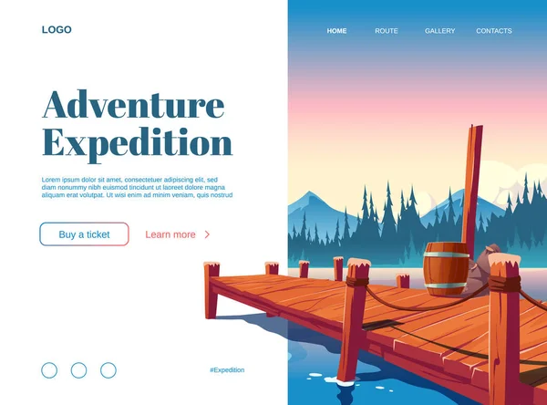 Aventura de la expedición de dibujos animados landing page, banner — Vector de stock