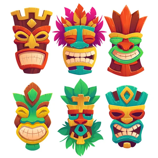 Тики маски, племенные деревянные тотемы в гавайском стиле — стоковый вектор