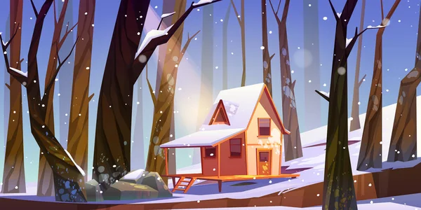 Wooden stilt house in winter forest, shack in snow — Stock Vector