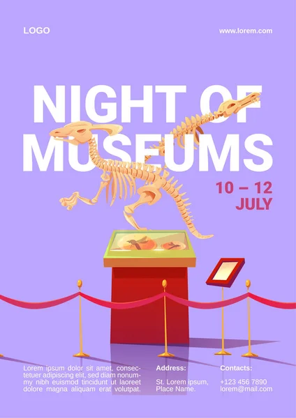Notte dei musei poster con scheletro di dinosauro — Vettoriale Stock