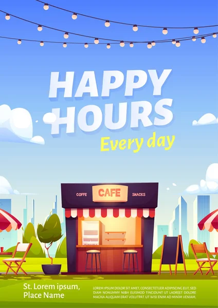 Happy hours διαφήμιση αφίσα υπαίθριο καφέ κάθε μέρα promo — Διανυσματικό Αρχείο