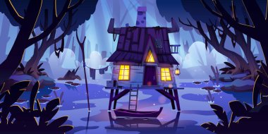 Geceleri teknesi olan bataklıktaki Stilt Evi