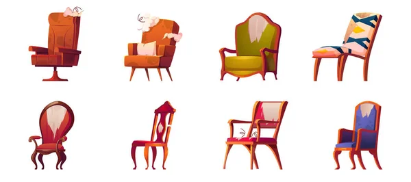 Chaises et fauteuils cassés vieux mobilier ensemble — Image vectorielle