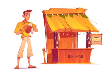 Barmen ve kabile maskeli ahşap tiki bar