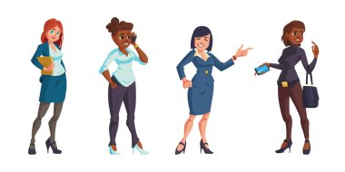 Ofis kıyafetleri içindeki kendine güvenen iş kadınları.