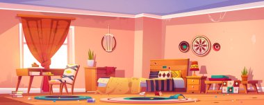 Yatak ve çöp dolu dağınık bir yatak odası.