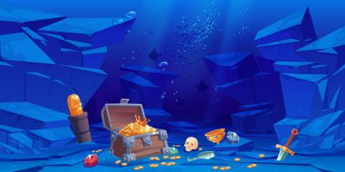 Treasure on sea bottom, chest with golden coins clipart